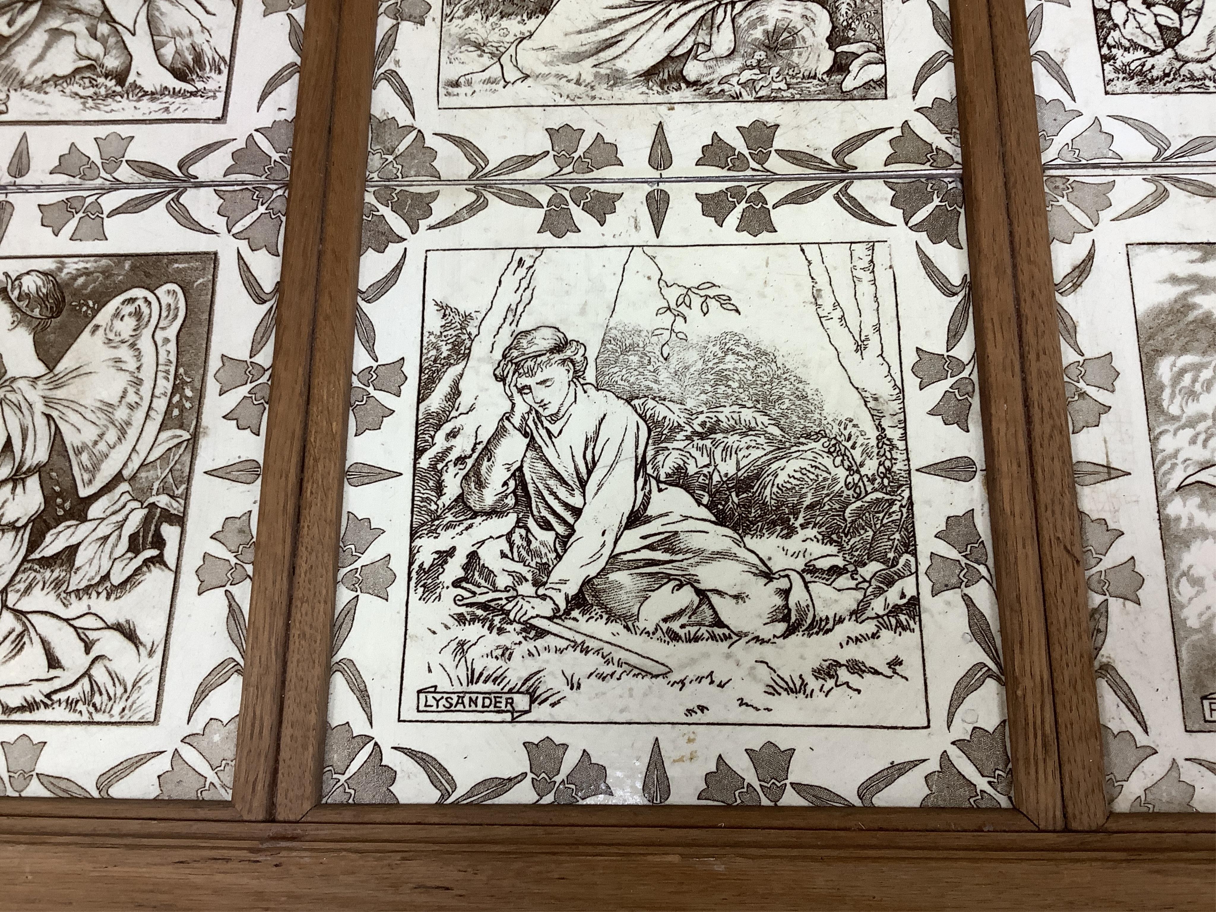 A set of six Wedgwood Midsummer Night’s Dream tiles, framed as one: Titania, Helena, Oberon, Bottom, Lysander and Peas Blossom, overall 48 x 73cm